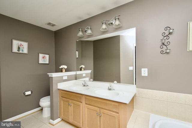 bathroom with toilet, tile patterned floors, visible vents, and a sink