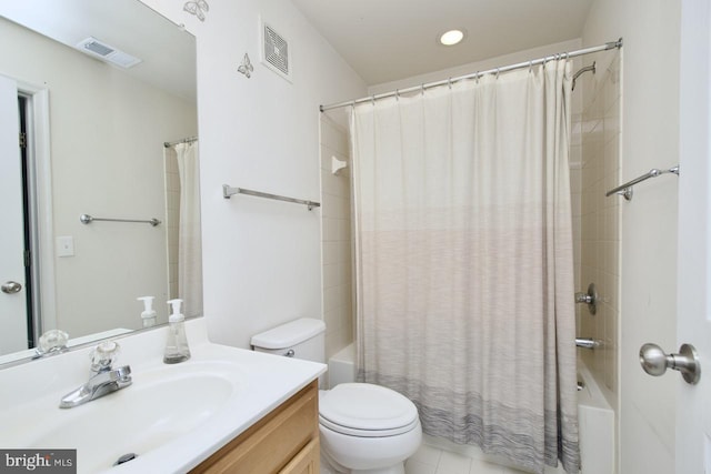 bathroom featuring toilet, visible vents, shower / bath combination with curtain, and vanity