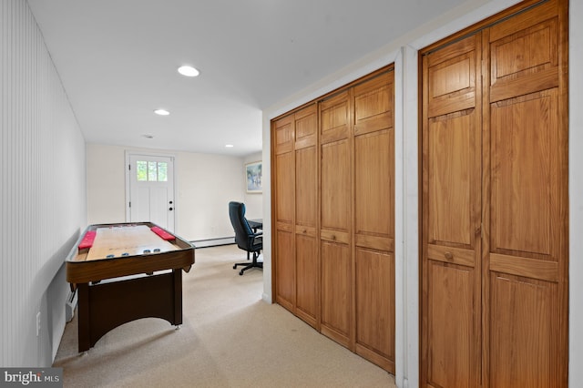 game room with baseboard heating, recessed lighting, light carpet, and baseboards
