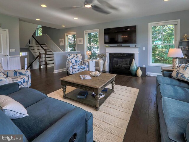 169 E Buckingham Dr, Rehoboth Beach, DE 19971 - living room with healthy amount of natural light, ceiling fan, wood finished floors, and recessed lighting