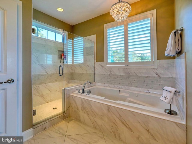 169 E Buckingham Dr, Rehoboth Beach, DE 19971 - full bathroom featuring a marble finish shower, a bath, and a chandelier