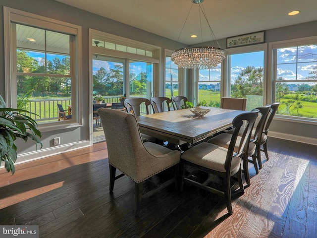 169 E Buckingham Dr, Rehoboth Beach, DE 19971 - dining space featuring baseboards, a chandelier, dark wood-type flooring, and recessed lighting