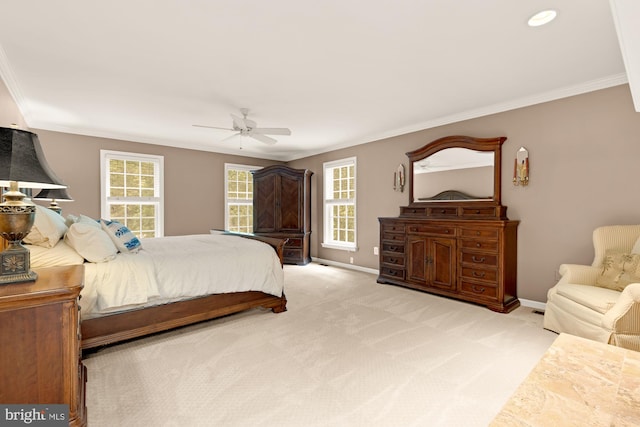 5117 Pheasant Ridge Rd, Fairfax, VA 22030 - bedroom with ornamental molding, baseboards, ceiling fan, and light colored carpet