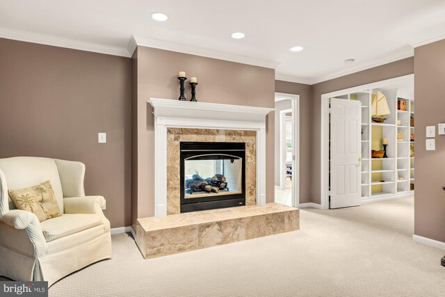 5117 Pheasant Ridge Rd, Fairfax, VA 22030 - carpeted living area with baseboards, recessed lighting, crown molding, and a fireplace