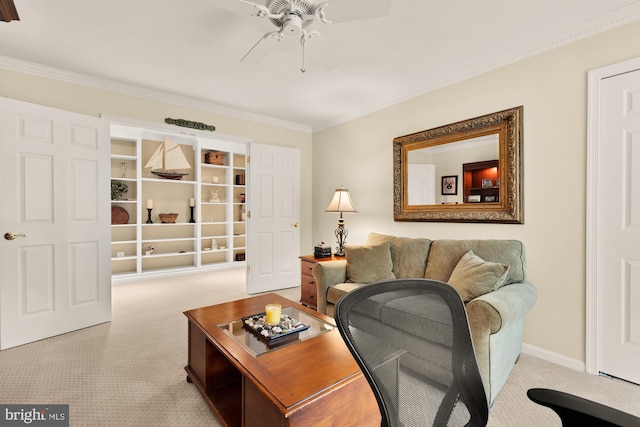 5117 Pheasant Ridge Rd, Fairfax, VA 22030 - carpeted living room with a ceiling fan, crown molding, and baseboards