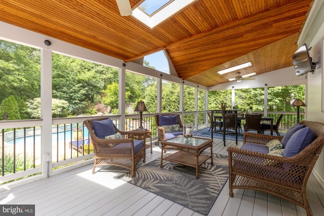5117 Pheasant Ridge Rd, Fairfax, VA 22030 - deck featuring an outdoor pool, an outdoor living space, ceiling fan, and outdoor dining space