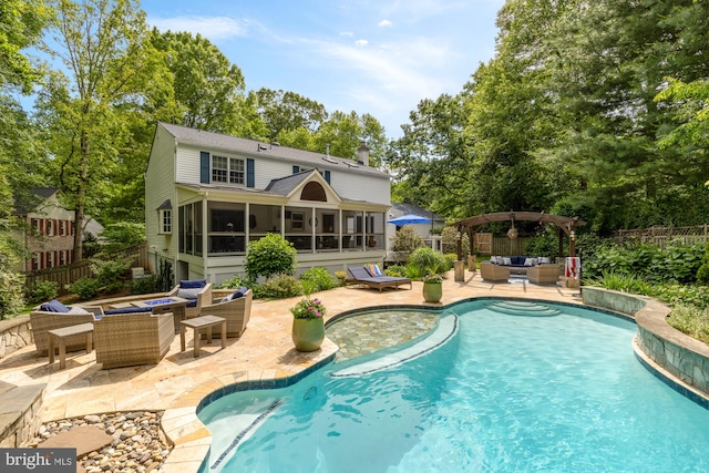 5117 Pheasant Ridge Rd, Fairfax, VA 22030 - view of pool with an outdoor living space, a patio, a sunroom, and view of wooded area