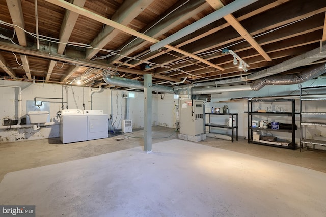 1221 Elm Ave, Lancaster, PA 17603 - unfinished basement featuring washer and dryer, heating unit, and a sink