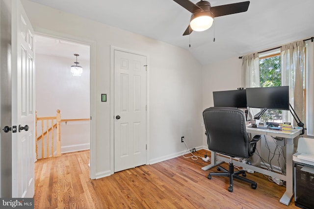 6002 Williamsburg Rd, Alexandria, VA 22303 - office space with light wood-style flooring, a ceiling fan, vaulted ceiling, and baseboards