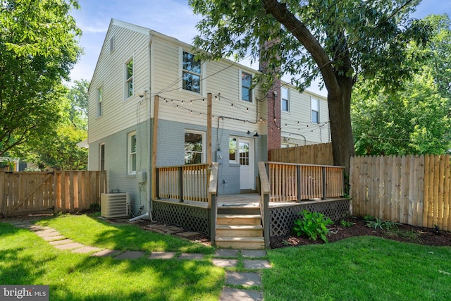 6002 Williamsburg Rd, Alexandria, VA 22303 - back of property with central AC, brick siding, and a wooden deck