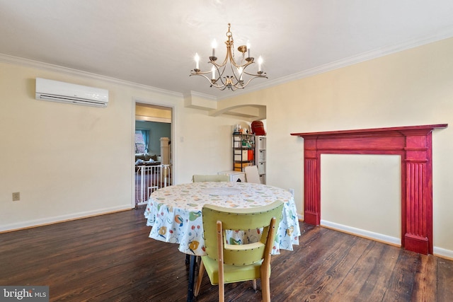 dining room featuring crown molding, an inviting chandelier, arched walkways, wood finished floors, and an AC wall unit