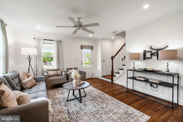 6005 Monticello Rd, Alexandria, VA 22303 - living area with dark wood-style floors, stairs, crown molding, ceiling fan, and recessed lighting