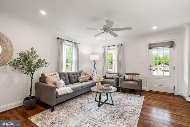 6005 Monticello Rd, Alexandria, VA 22303 - living room with healthy amount of natural light, dark wood-style floors, a ceiling fan, ornamental molding, and recessed lighting