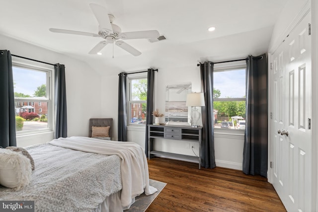6005 Monticello Rd, Alexandria, VA 22303 - bedroom with dark wood finished floors, baseboards, recessed lighting, a ceiling fan, and lofted ceiling