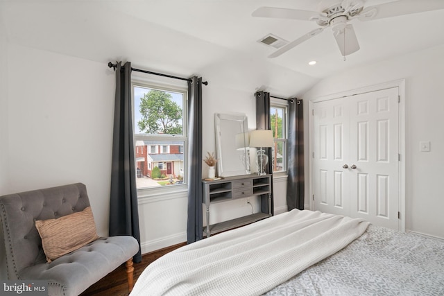 6005 Monticello Rd, Alexandria, VA 22303 - bedroom featuring a closet, lofted ceiling, baseboards, a ceiling fan, and wood finished floors