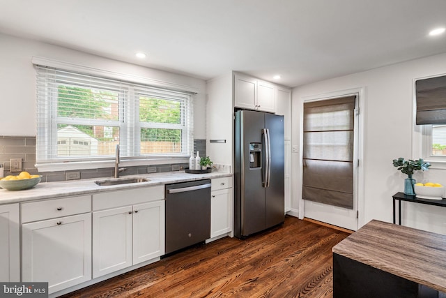 6005 Monticello Rd, Alexandria, VA 22303 - kitchen with appliances with stainless steel finishes, a sink, dark wood-style flooring, white cabinets, and backsplash
