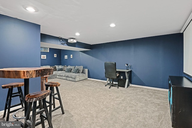 carpeted office with baseboards, a dry bar, and recessed lighting