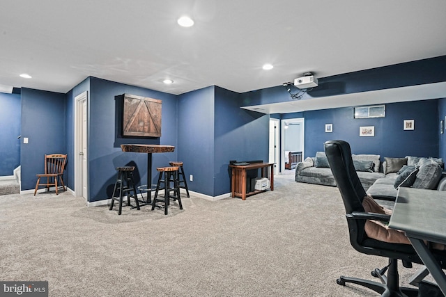 office with baseboards, carpet flooring, and recessed lighting
