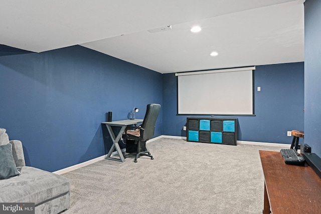 home theater room featuring carpet floors, recessed lighting, and baseboards