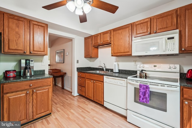 kitchen featuring a ceiling fan, brown cabinetry, white appliances, a sink, and dark countertops