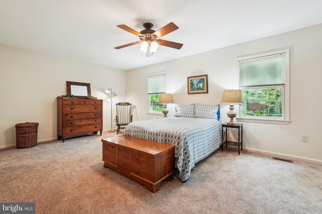 bedroom with multiple windows, visible vents, and carpet