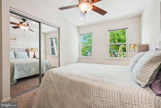 bedroom with a ceiling fan, multiple windows, carpet flooring, and a closet