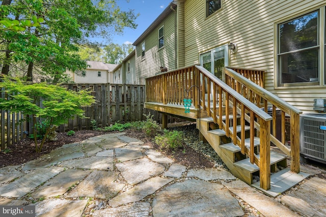 wooden deck featuring cooling unit and a fenced backyard
