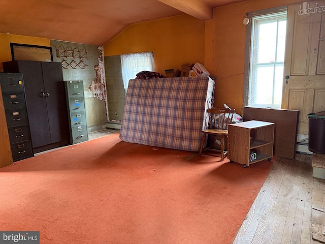 bedroom featuring a baseboard radiator, multiple windows, vaulted ceiling, and hardwood / wood-style flooring