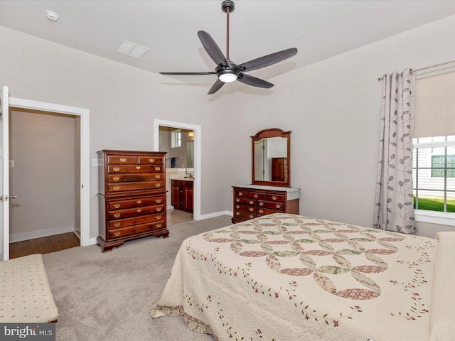 6538 Autumn Olive Dr, Frederick, MD 21703 - bedroom featuring carpet, connected bathroom, a ceiling fan, visible vents, and baseboards