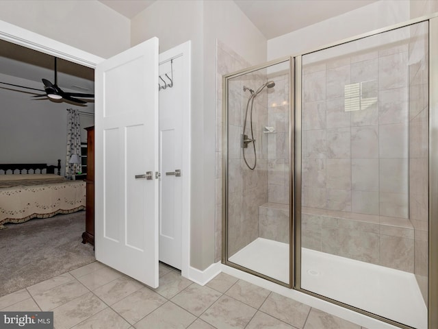 6538 Autumn Olive Dr, Frederick, MD 21703 - ensuite bathroom featuring a shower stall, ceiling fan, ensuite bath, and tile patterned flooring