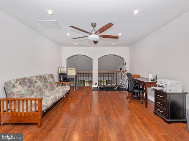 6538 Autumn Olive Dr, Frederick, MD 21703 - office area with arched walkways, wood finished floors, a ceiling fan, and recessed lighting