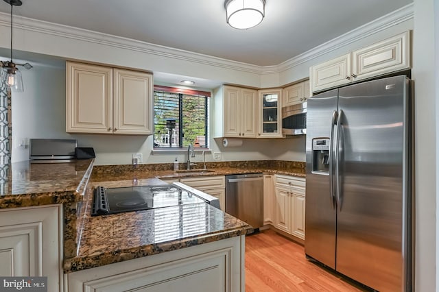 kitchen featuring cream cabinetry, crown molding, a sink, and stainless steel appliances