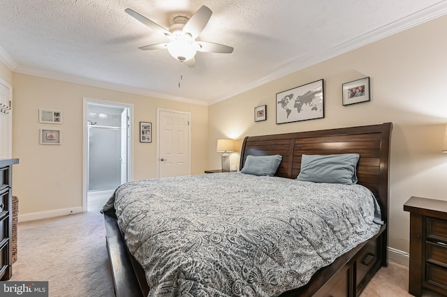 bedroom with light colored carpet, baseboards, crown molding, and a textured ceiling