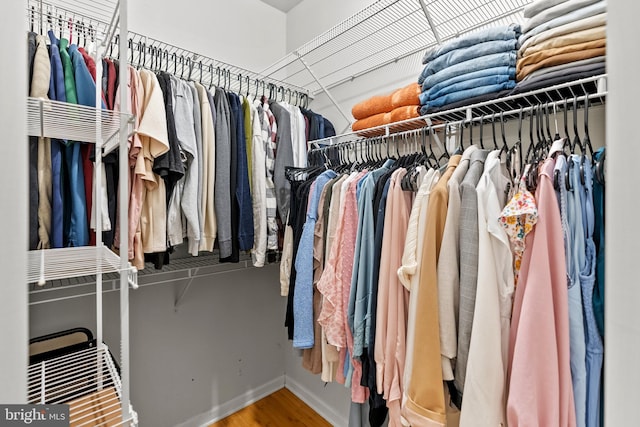 walk in closet with wood finished floors