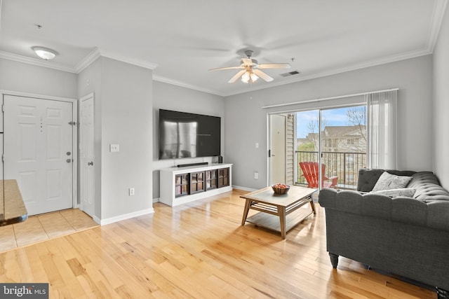 living area with wood finished floors, visible vents, ornamental molding, and ceiling fan