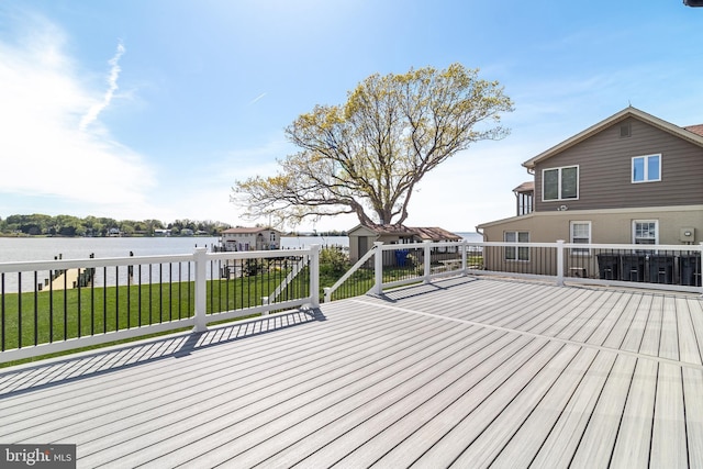 14671 Banks Odee Rd, Newburg, MD 20664 - wooden terrace with a storage unit, an outbuilding, a yard, and a water view