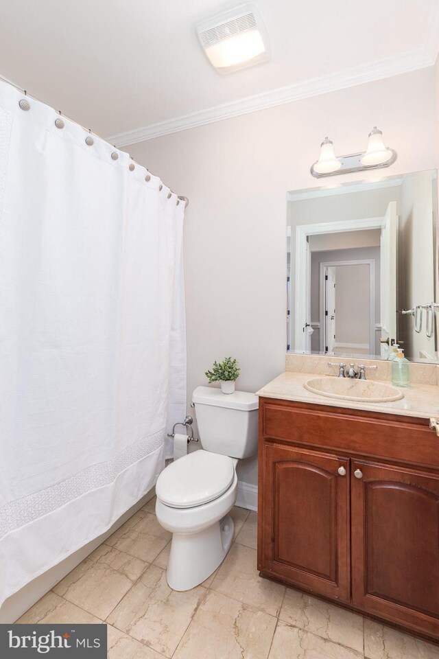 2108 Points Reach, Berlin, MD 21811 - full bath with crown molding, toilet, vanity, and marble finish flooring