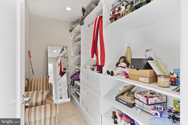 spacious closet featuring light colored carpet