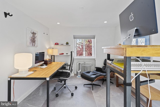 carpeted office space with baseboards and recessed lighting