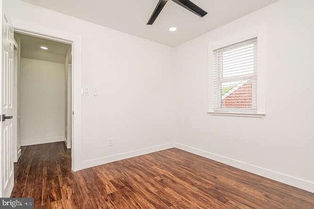 unfurnished room with a ceiling fan, baseboards, wood finished floors, and recessed lighting