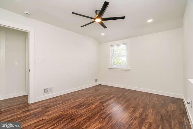 unfurnished room featuring a ceiling fan, dark wood-type flooring, baseboards, and recessed lighting