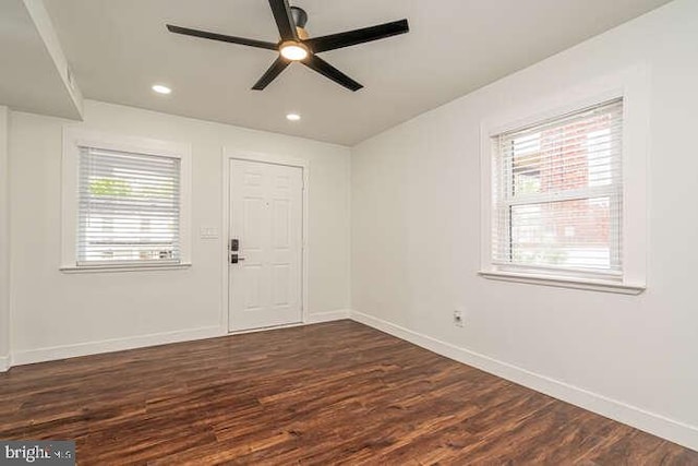 entrance foyer with dark wood-style floors, a ceiling fan, baseboards, and recessed lighting