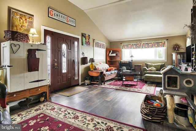 entryway featuring lofted ceiling and wood finished floors