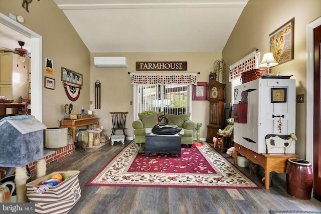 living area with wood finished floors, lofted ceiling, and a wall unit AC