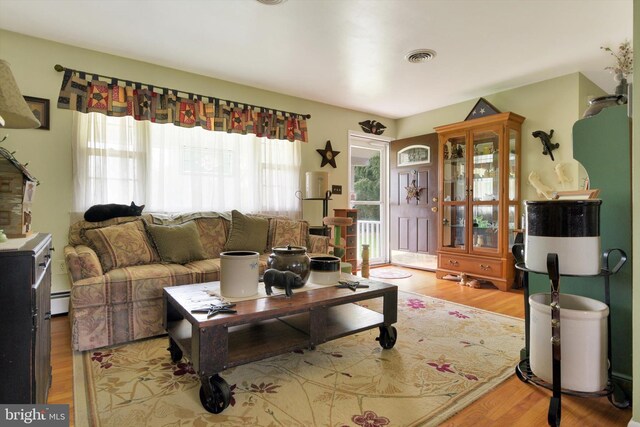living area featuring a baseboard radiator and light wood-style flooring