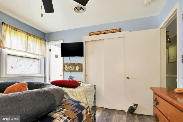 interior space with dark wood-type flooring, visible vents, and ceiling fan