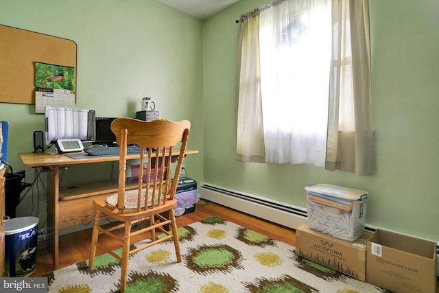 home office featuring wood finished floors and baseboard heating