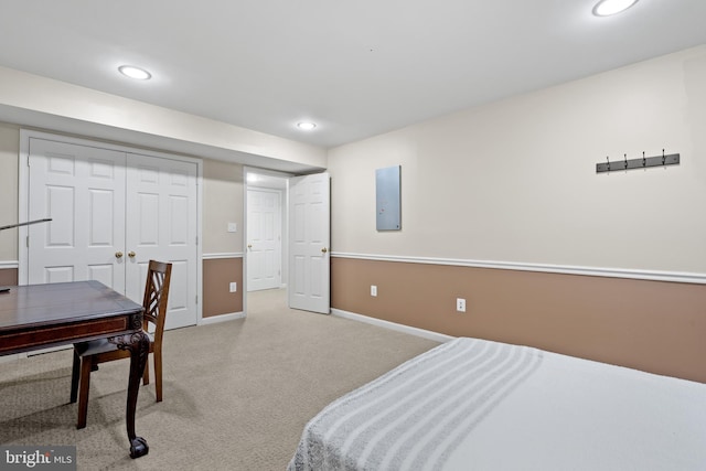 15008 Seneca Knoll Way, Haymarket, VA 20169 - bedroom with baseboards, recessed lighting, electric panel, and light colored carpet