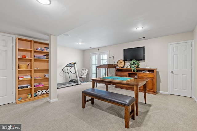 15008 Seneca Knoll Way, Haymarket, VA 20169 - rec room with light colored carpet, visible vents, baseboards, recessed lighting, and french doors
