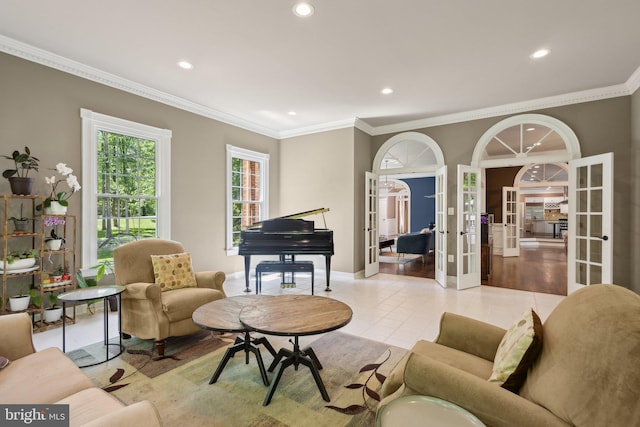 6601 Rutledge Dr, Fairfax Station, VA 22039 - living room with ornamental molding, french doors, recessed lighting, and light tile patterned flooring